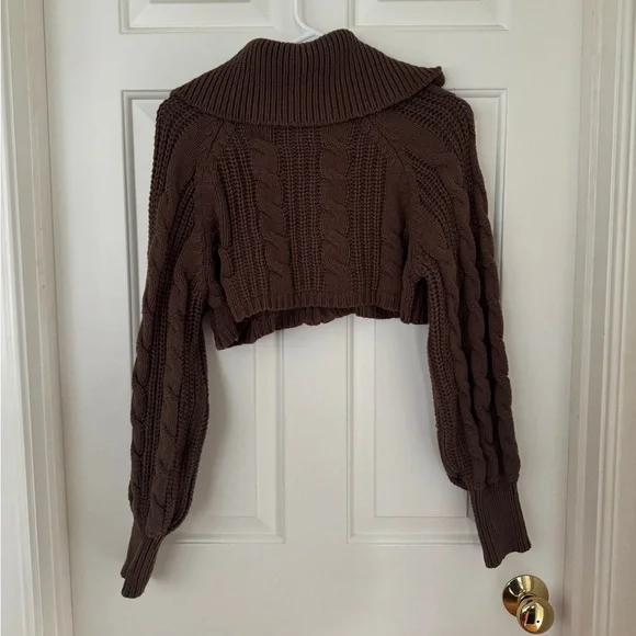 Grey Bandit Brown Cable Knit Cropped Zip Up Cardigan - Picture 7 of 7